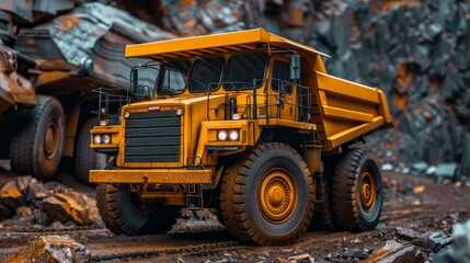 Big yellow anthracite coal mining truck in open pit mine for industrial operations
