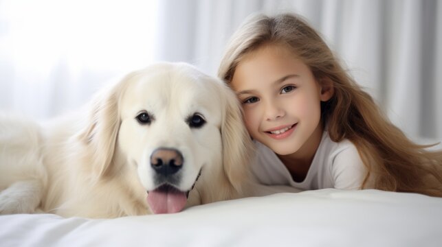 A young girl is lying on a bed with her golden retriever dog. The girl is smiling and looking at the camera. The dog is looking at the girl. They are both happy and relaxed.