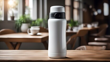 White thermos bottle at wooden table indoors
