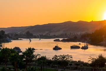 Aerial view of the Nile river with Feluccas (traditional egyptian sailing boats) at sunset in Aswan, Egypt - 769681872