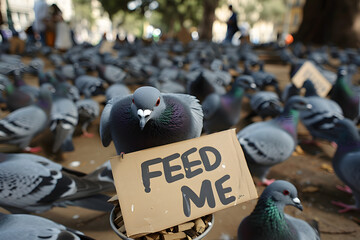 a large group of pigeons in the city gathered in protest holding signs that say FEED ME - obrazy, fototapety, plakaty
