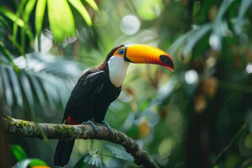 Fototapeten A toucan perched on a branch in the forest, surrounded by green vegetation, in Costa Rica. A nature travel scene in Central America © Emanuel