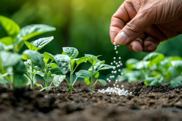 A hand nurturing and providing chemical fertilizers to young plants growing in a germination sequence on fertile soil against a green background