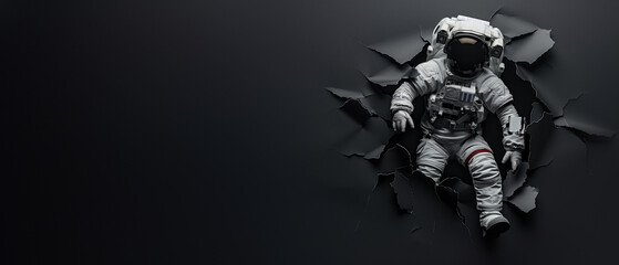 An astronaut in a spacesuit appears to break through a dark, textured wall, depicting breakthrough or challenge - obrazy, fototapety, plakaty