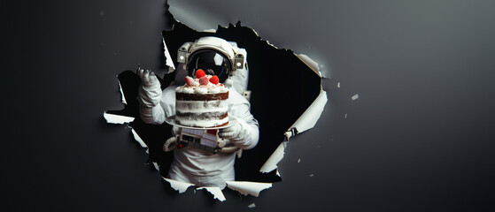 Surreal depiction of an astronaut holding out a cake amidst a torn paper void, juxtaposing elements