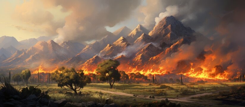 A painting depicting a raging fire on the mountains of Franschhoek. The flames are intense, illuminating the night sky as they devour the dry vegetation in their path.