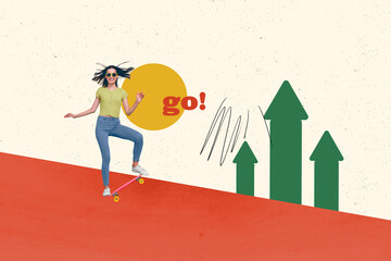 Sketch image trend artwork 3D photo collage of young lady stand on skateboard huge arrows grouth up success winner job promotion