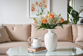 home interior design element close up freshness flower vase on coffee table in living room with background of white colour sofa and pillow daylight cosy comfort home interior background colorful backg