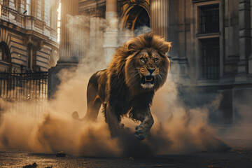 Wild and dangerous male lion in a capital city