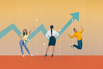 Trend artwork sketch composite collage of young businesswoman hold hands on body colleagues jump celebrate success arrow got up