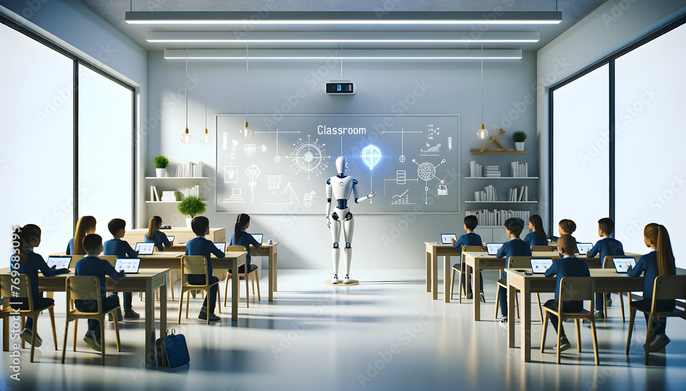 Poster futuristic classroom where an ai teacher, designed as a humanoid robot with a friendly and approacha