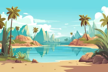 Wandcirkels tuinposter Tropical island background in the flat cartoon design. Paradise tropical landscape depicts a picturesque lake against the background of palm trees and mountains. Vector illustration. © Andrey