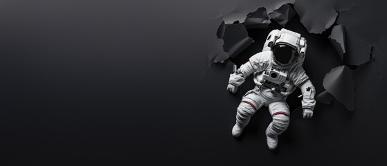 An astronaut hovers in black space, artfully framed by a jagged tear, illustrating isolation and space oddity