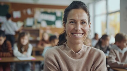 Female Teacher in Class with Learning Students on Background. Education, Classroom, Teacher, Children, Child, Study, Learn, Woman, Academic, Academy, Portrait, Lifestyle
 - obrazy, fototapety, plakaty