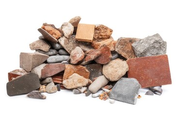 A pile of construction debris, stones, waste, rusty scrap metal, wood fragments, broken bricks, plaster, isolated on white background