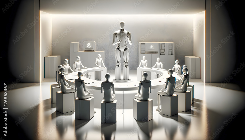 Poster futuristic classroom where an ai teacher, designed as a humanoid robot with a friendly and approacha