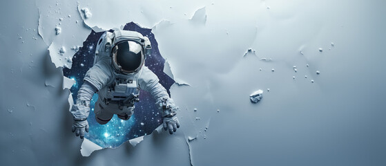An astronaut in a white spacesuit breaks through a paper barrier revealing the starry cosmos, symbolizing breakthrough and discovery