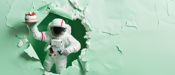 A dynamic image of an astronaut breaking through a green wall, holding a strawberry topped pastry high