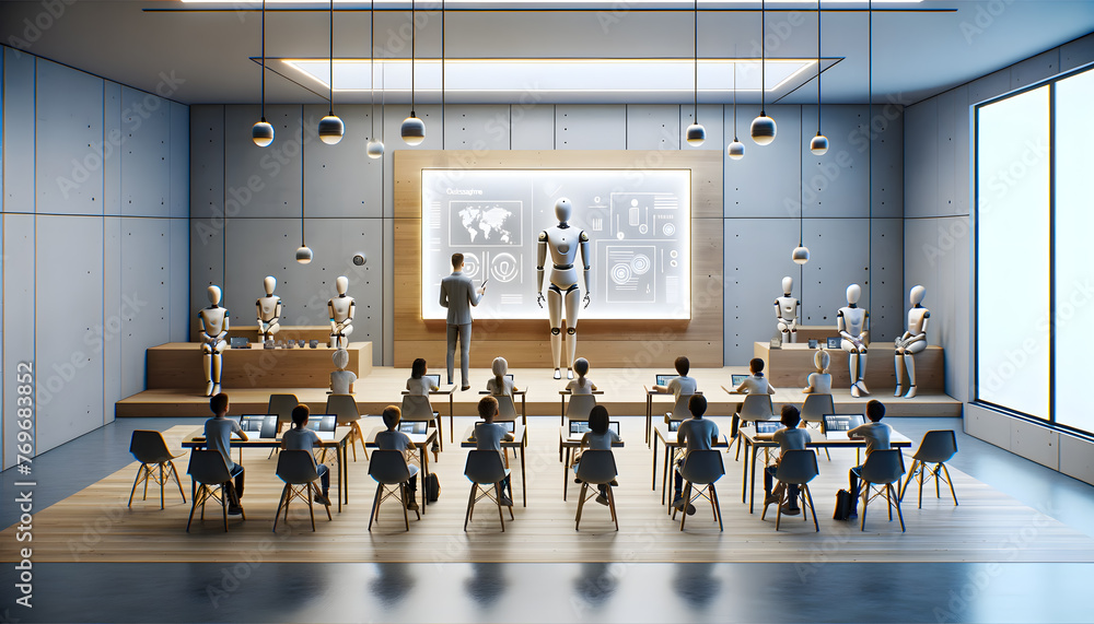 Poster futuristic classroom where an ai teacher, designed as a humanoid robot with a friendly and approacha