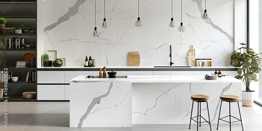 Poster white marble features a predominantly white or light-colored base with subtle veining and patterns, 