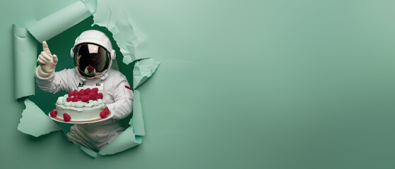 An astronaut through a torn paper gives a thumbs up while holding a dessert with raspberries, signifying approval