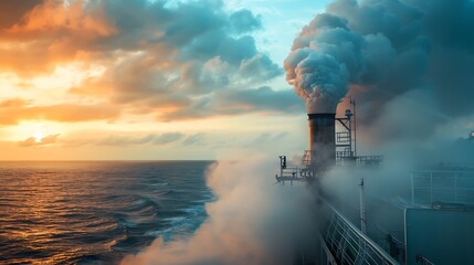 Large industrial ship with smoke coming out of the chimney at sunset - obrazy, fototapety, plakaty