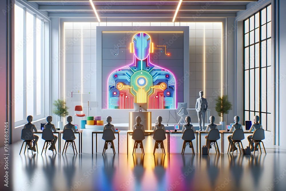 Poster futuristic classroom where an ai teacher, designed as a humanoid robot with a friendly and approacha