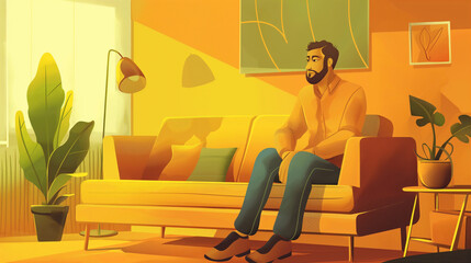 Homem sentado no sofá de sua casa com cores amarelo - Ilustração