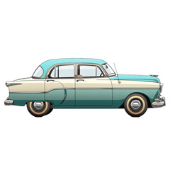 Classic beige and turquoise car illustration. Vintage two-tone sedan isolated on transparent background. Retro automobile design concept for design and print.