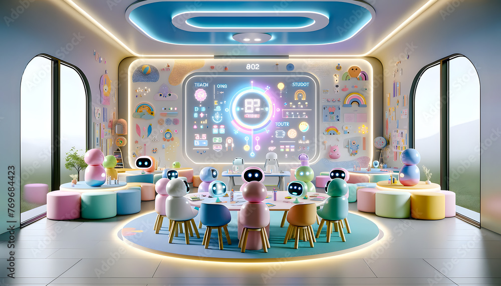 Poster futuristic classroom where an ai teacher, designed as a humanoid robot with a friendly and approacha