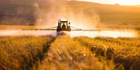 Tractor spraying pesticides in crops field during springtime - obrazy, fototapety, plakaty