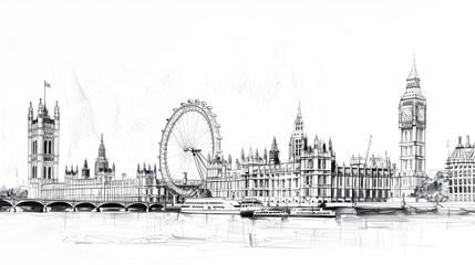 Iconic London Skyline in Elegant Monochrome Pencil Drawing Highlighting Landmarks - obrazy, fototapety, plakaty