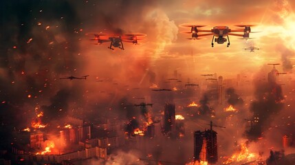 Swarm of Drones Soaring Over Blazing Cityscape Symbolizes Harsh Realities of Modern Warfare and Advances in Military Technology - obrazy, fototapety, plakaty