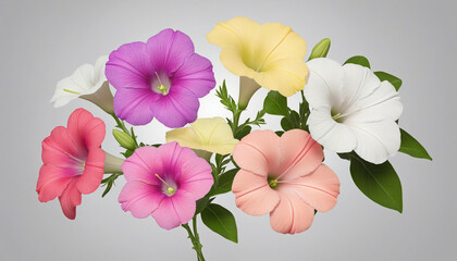 collection of soft pastel petunias flowers isolated on a transparent background colorful background - obrazy, fototapety, plakaty