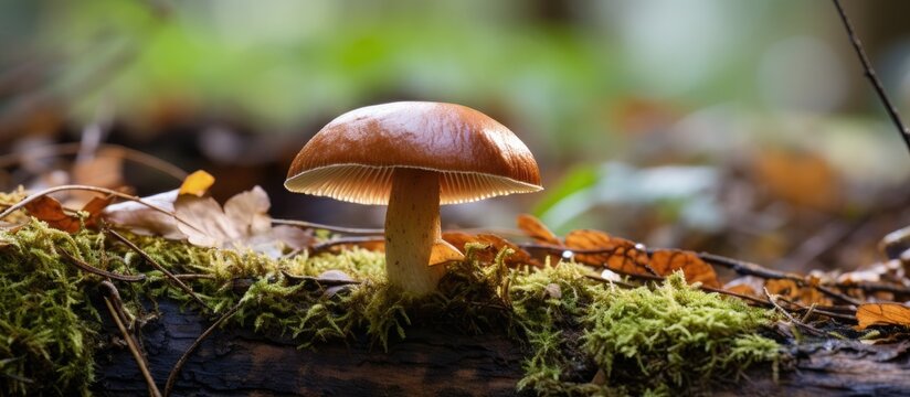 A terrestrial plant from the Agaricaceae family, the mushroom is thriving on a mossy log in the woods, adding to the natural landscape with its distinctive form and color