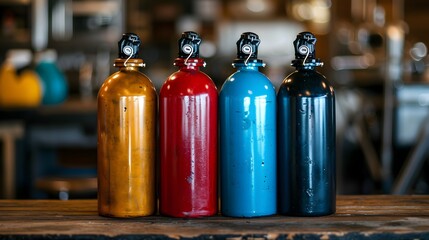 Oxygen cylinder with compressed gas. Colourful oxygen cylinders for industry. Plant