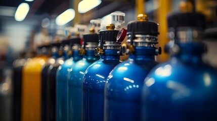 Oxygen cylinder with compressed gas. Blue Oxygen tanks for industry. Factory - obrazy, fototapety, plakaty
