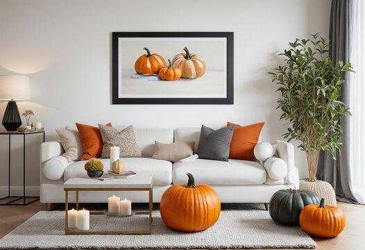 Modern minimal living room with natural fall decor pumpkins and candles colorful background