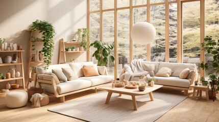 Cozy Scandinavian-Inspired Living Room with Plush Textiles,Light Wood Furniture,and Lush Greenery in a Bright and Airy Digital Art-Influenced Setting