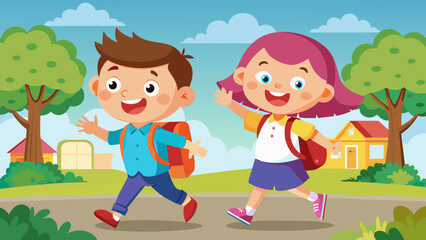 school kids two happy kids going to school