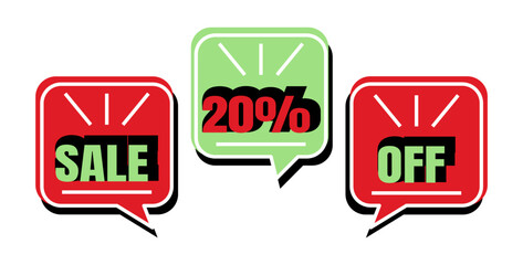 20% off. Sale. Three speech bubbles in red and green colors.