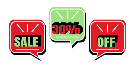 30% off. Sale. Three speech bubbles in red and green colors.