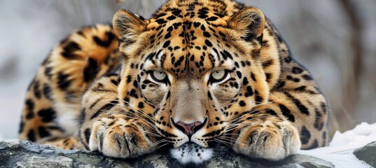 Fototapeta premium Snow leopard expertly camouflaged in the breathtakingly beautiful snowy natural environment