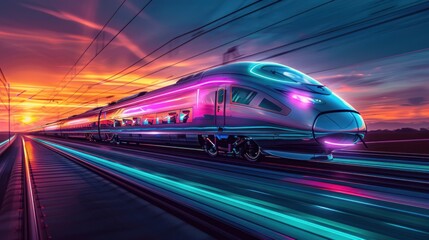 Fototapeta premium Colorful holographic High-speed train on dark background. AI generated image
