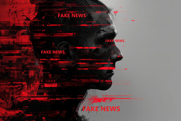 A womans face is subtly morphed with the words fake news, symbolizing the manipulation and distortion of information in todays media landscape - obrazy, fototapety, plakaty