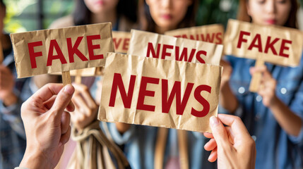 A diverse group of people passionately hold up signs denouncing fake news, standing together in unity against the spread of misinformation - obrazy, fototapety, plakaty