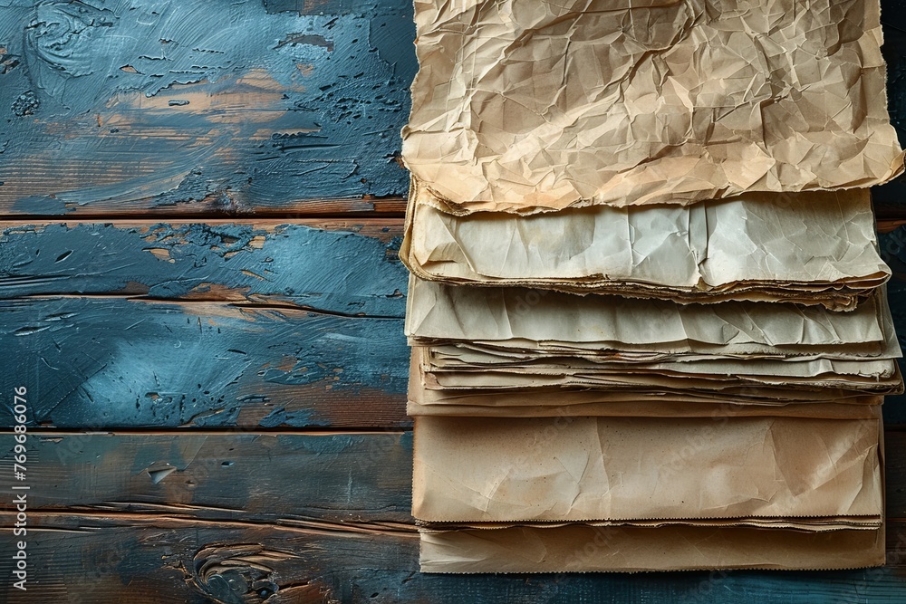 Poster a neat stack of brown paper rests atop a sturdy wooden table, exuding a simple yet elegant charm. th
