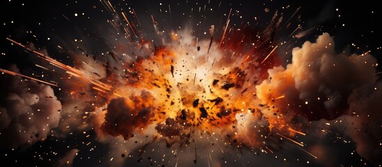 In the scene, a fierce firecracker explosion unleashes a burst of orange and black smoke against an intense black background. The dynamic explosion spreads in all directions, creating a dramatic - obrazy, fototapety, plakaty