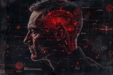 An artistic portrayal of a man with a transparent head, revealing a brightly glowing brain inside, fake news red text - obrazy, fototapety, plakaty