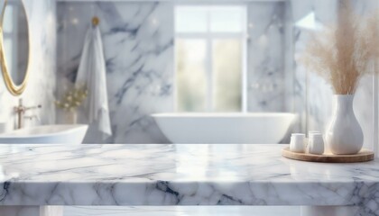 Fototapeta na wymiar White bathroom interior. Empty marble table top for product display with blurred bathroom interior background. 